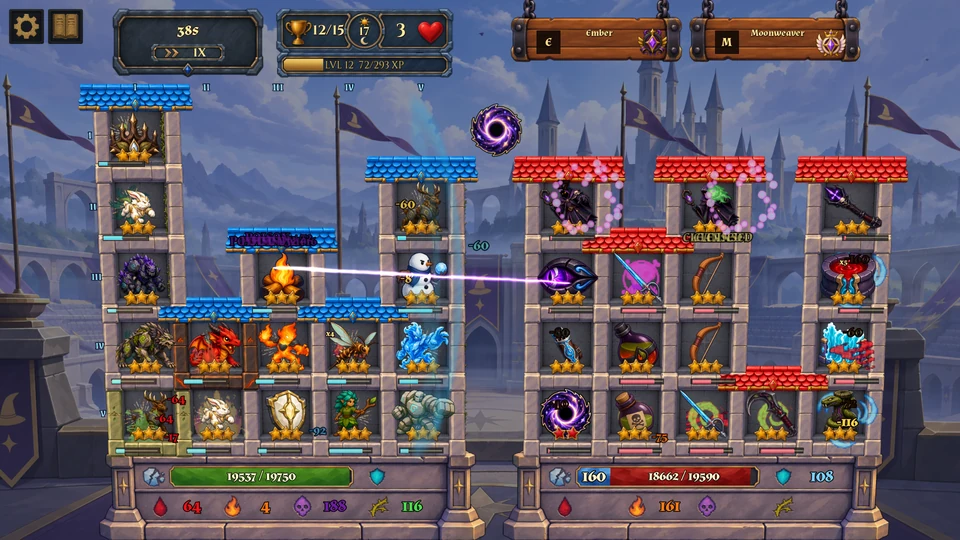 Two co-op towers exchanging magical attacks with both teams' player nameplates visible.