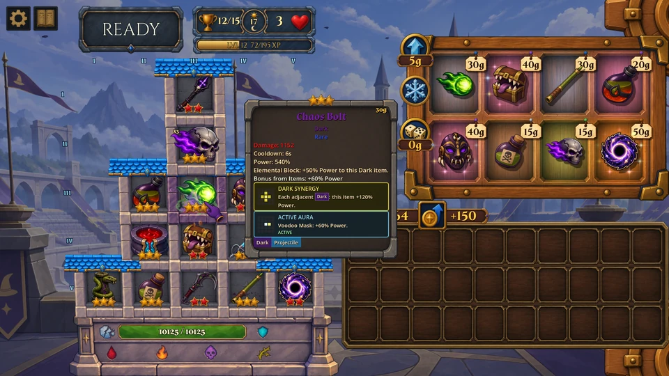 Chaos Bolt's hover card shows its Power stat, Dark synergy, and Voodoo Mask aura.