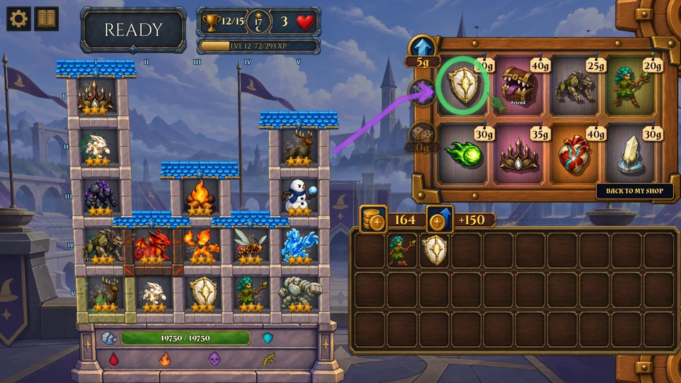A co-op partner's shop with a green circle around Aegis of Power and a purple arrow.