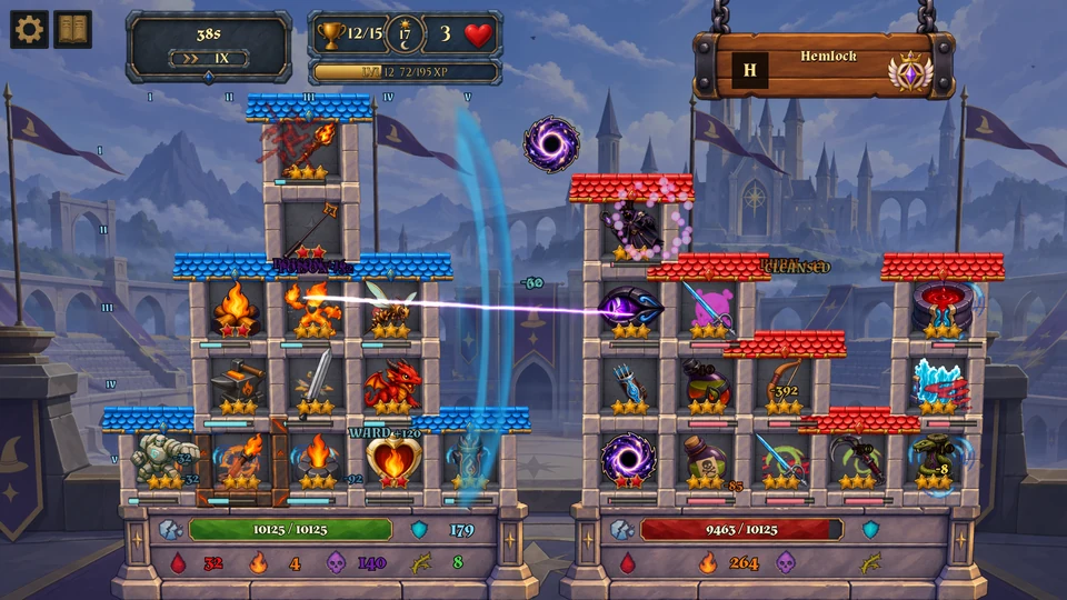 A tall Fire tower fighting a rival build amid active spells and projectiles.