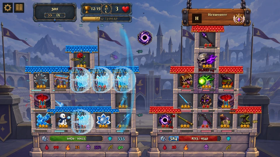 A Water tower with active Water Walls and Shatter effects during combat.