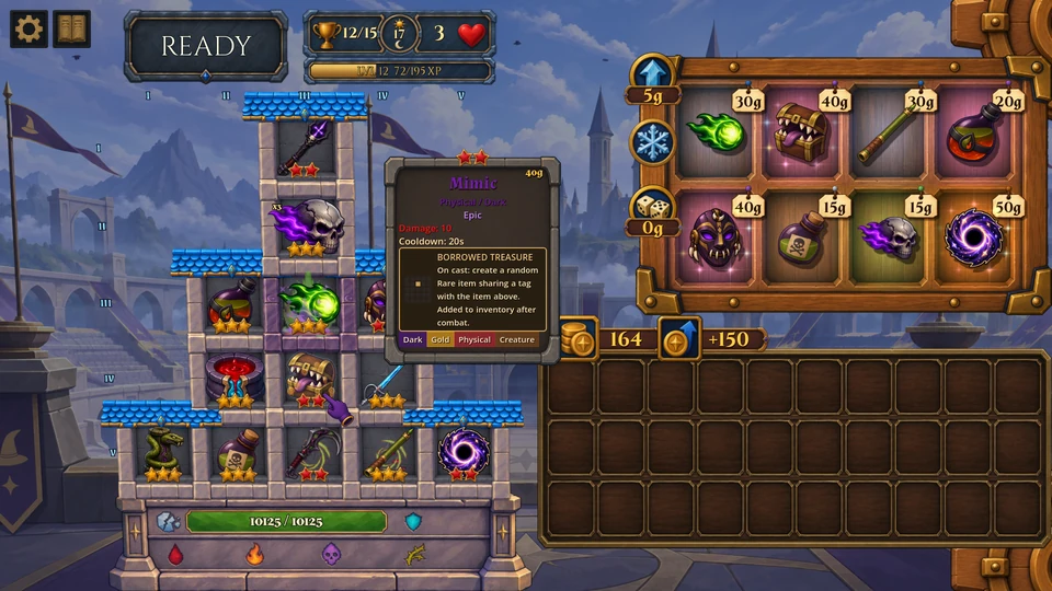 Mimic's item art and recruitment tooltip beside the Dark tower.