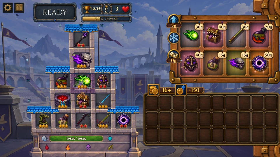 A branching Dark tower beside a shop offering spells, creatures, and support items.