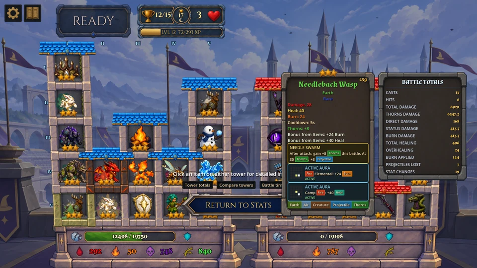 A post-battle co-op inspection showing Needleback Wasp's totals and active bonuses.