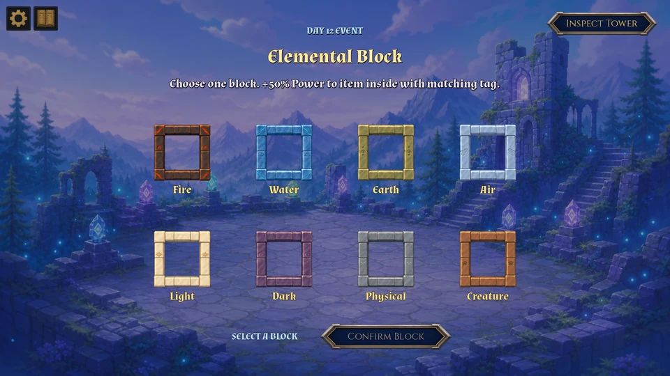 The Elemental Block event offers Fire, Water, Earth, Air, Light, Dark, Physical, and Creature blocks.