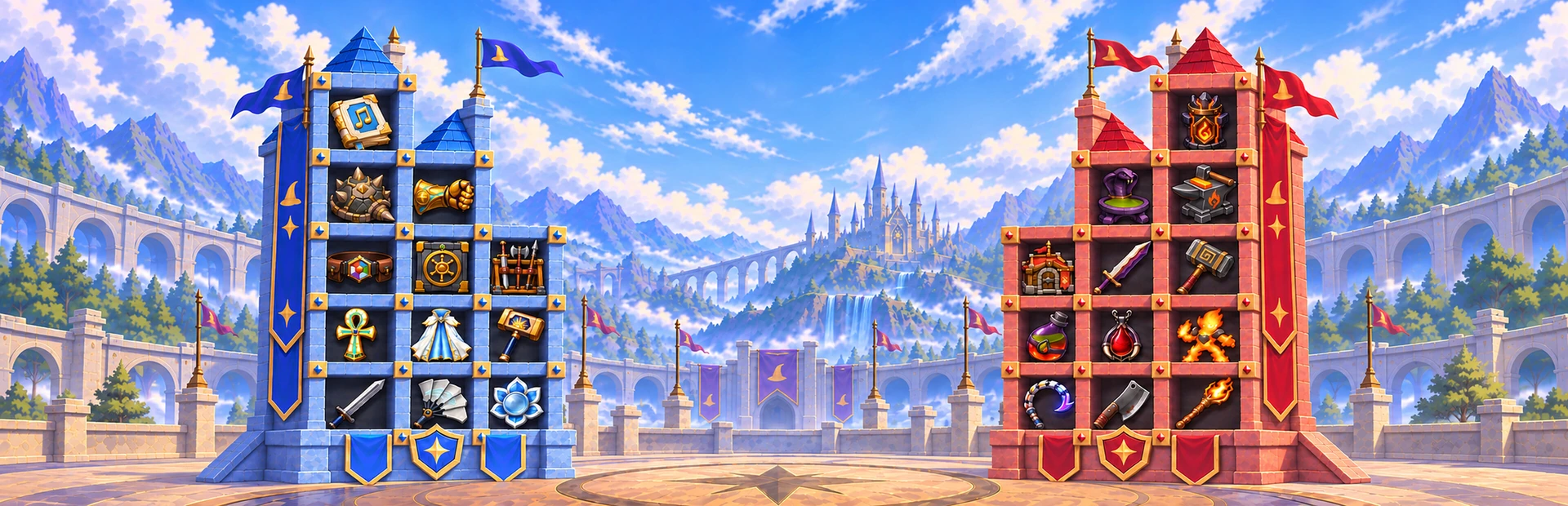 Blue and red item-filled towers face each other across a sunlit tournament arena, with mountains and a distant castle behind them.