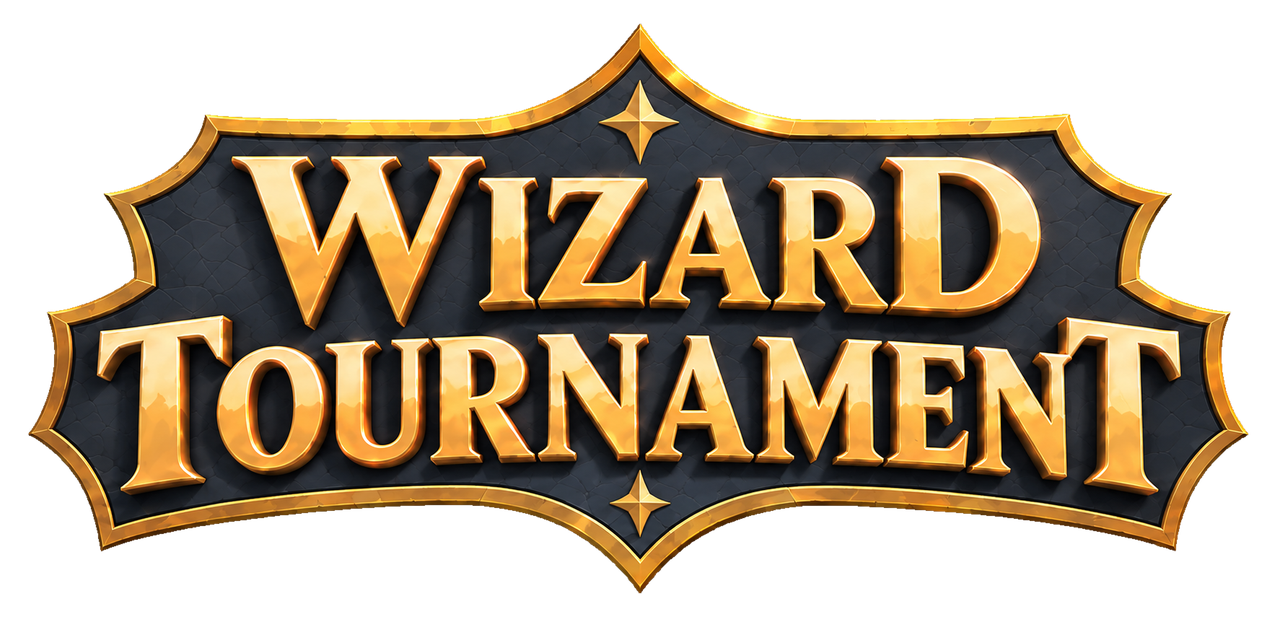 Wizard Tournament gold-and-stone logo on a transparent background