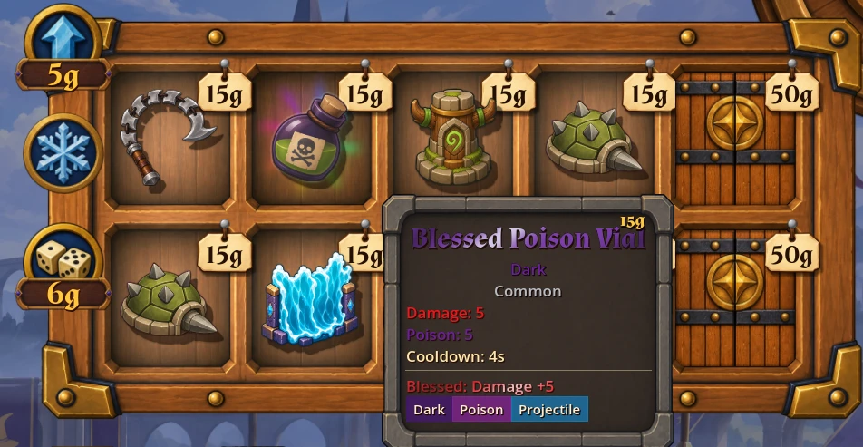 A Blessed Poison Vial gains an extra Damage stat and Projectile tag, beside two unlockable shop slots.